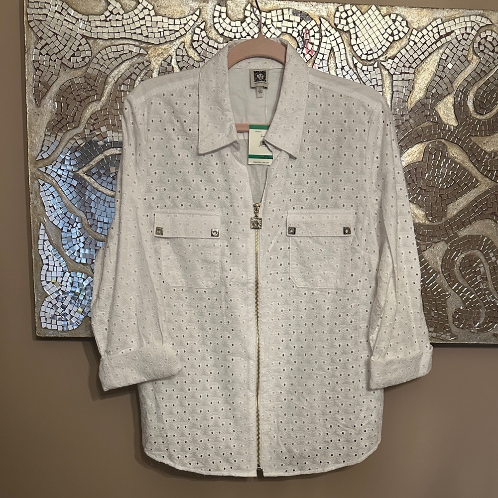 ANNE KLEIN White Eyelet Jacket with Zip Front